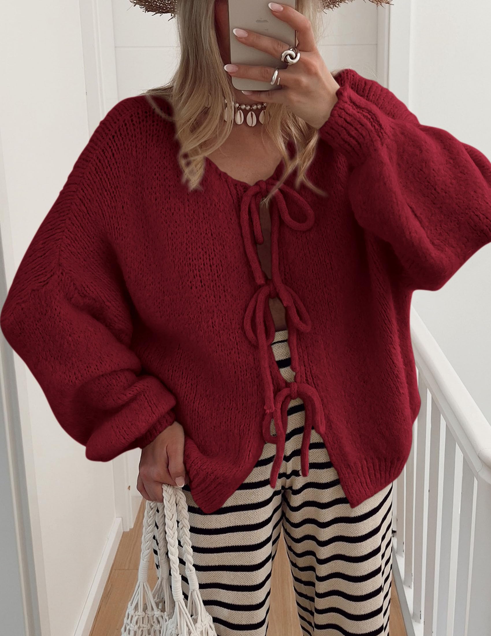 PRETTYGARDEN Women's Tie Front Bow Cardigan Sweaters Chunky Knit Long Puff Sleeve Trendy Fall Winter Jacket Coat