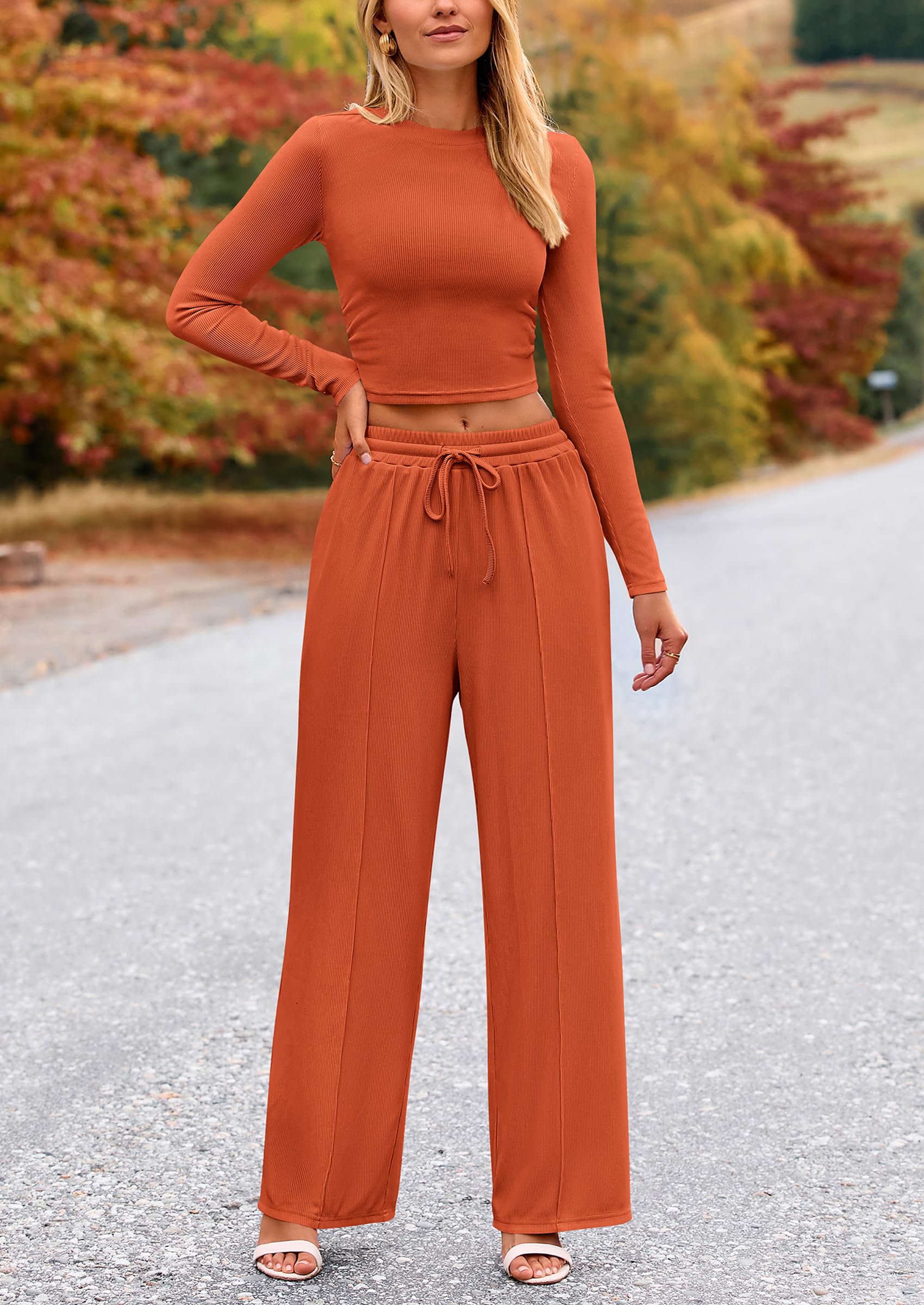 PRETTYGARDEN Women's 2 Piece Loungewear Long Sleeve Crop Top Wide Leg Palazzo Pants Set Tracksuits Casual Outfit