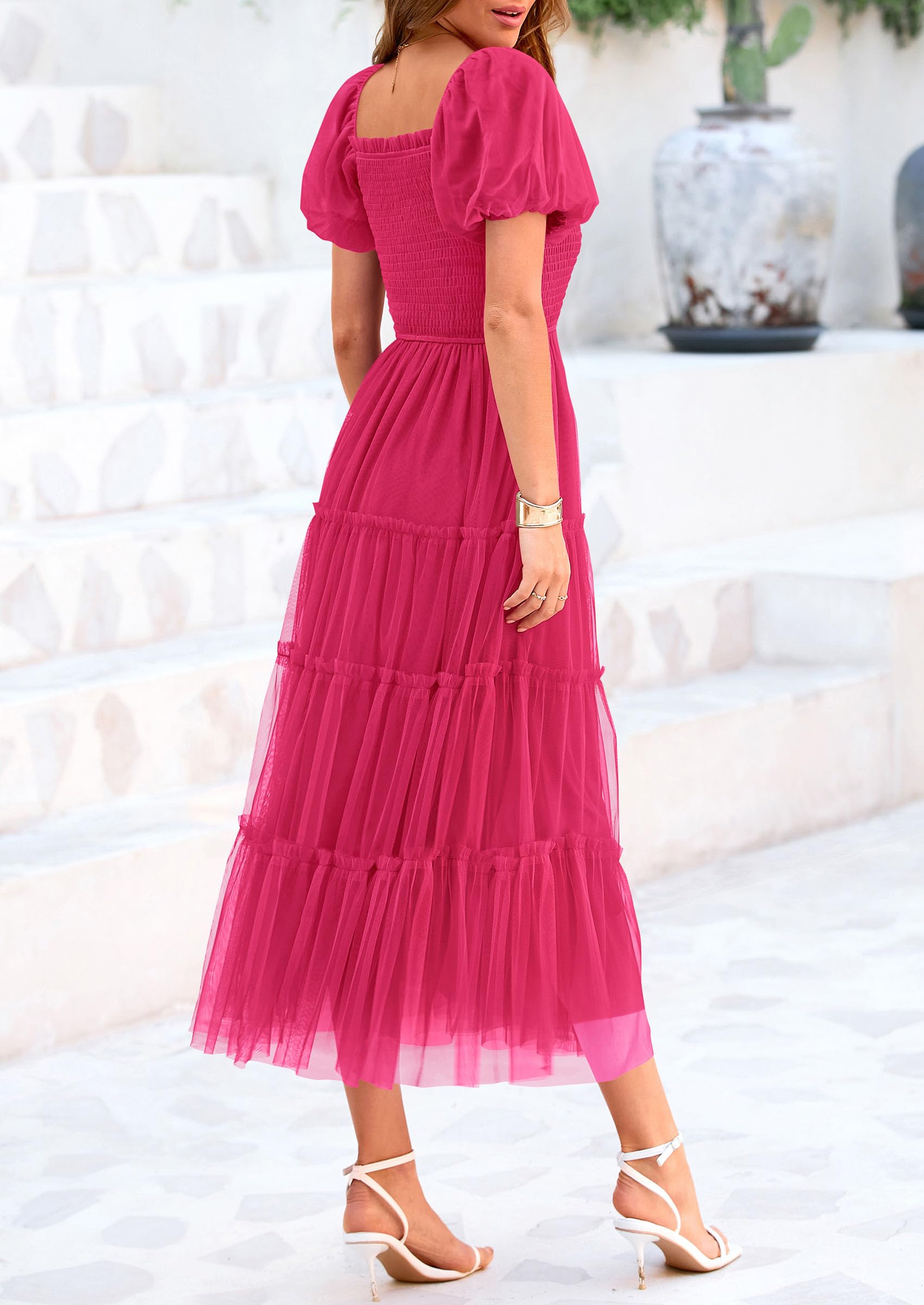PRETTYGARDEN Women's Smocked Midi Tulle Dress  Summer Puffy Short Sleeve Square Neck Ruffle Wedding Guest Party Dresses