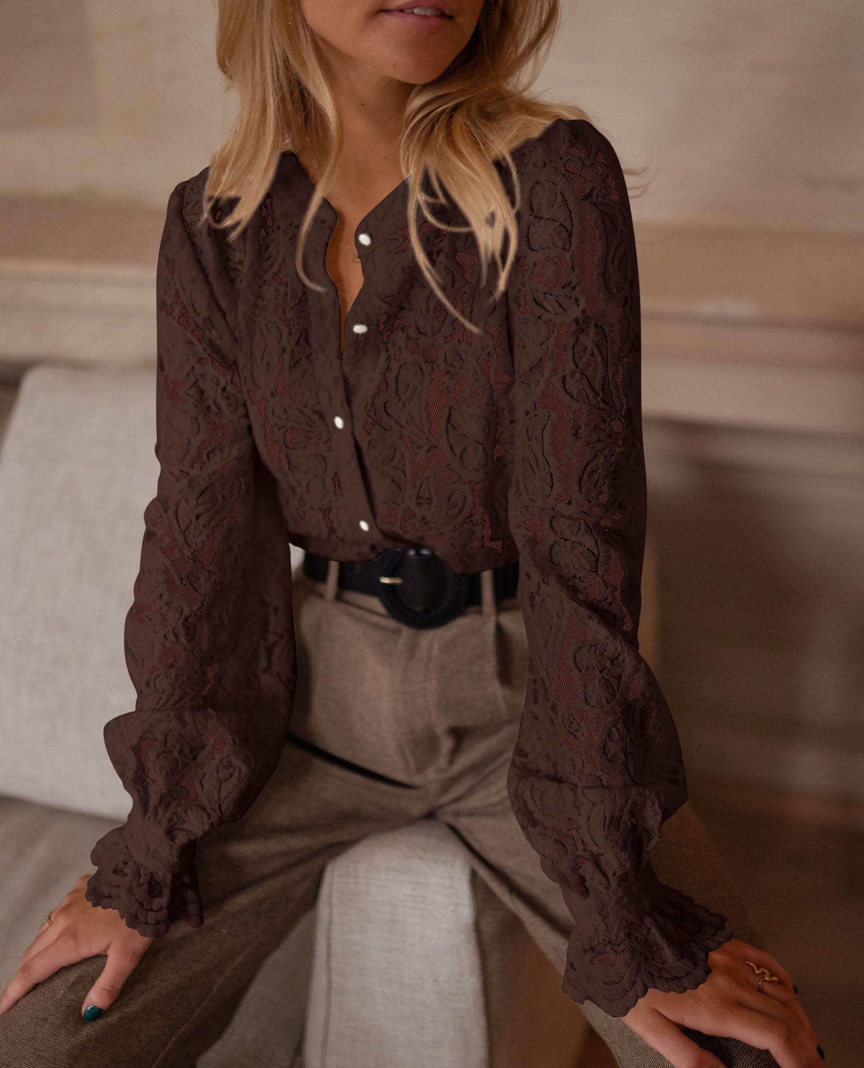 PRETTYGARDEN Women's Dressy Casual Lace Blouse Long Sleeve Button Up Shirts Tops Spring Fall Fashion Clothes