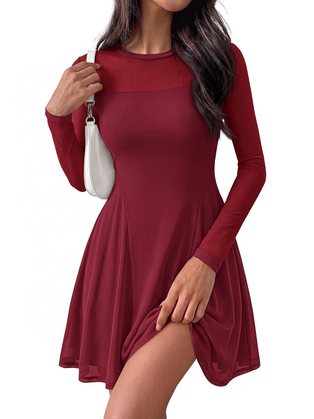 BTFBM Women’s Mini Dress Sheer Mesh Long Sleeve Crew Neck Flowy A Line Casual Cocktail Party Going Out Dresses Fall