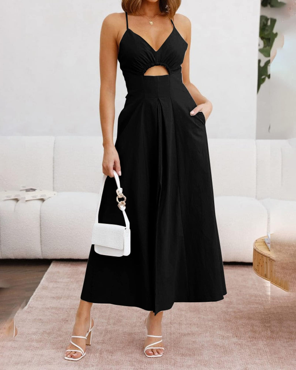 FreshPretty Women Summer Spaghetti Strap Midi Dress Sleeveless V Neck Cutout Slit Casual Beach Party Maxi Dresses Pockets