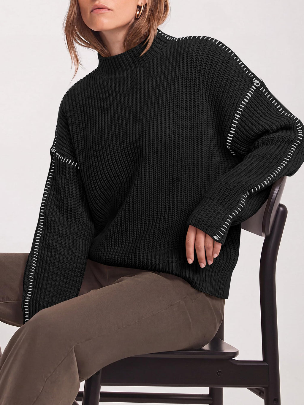 "BTFBM Womens Oversized Sweaters Contrast Chunky Knit Sweater Loose Fit Mock Neck Long Sleeve Tops, Soft Cozy Knitwear, Fall Fashion 2026, Casual Winter Clothing, Daily Going Out Outfits"
