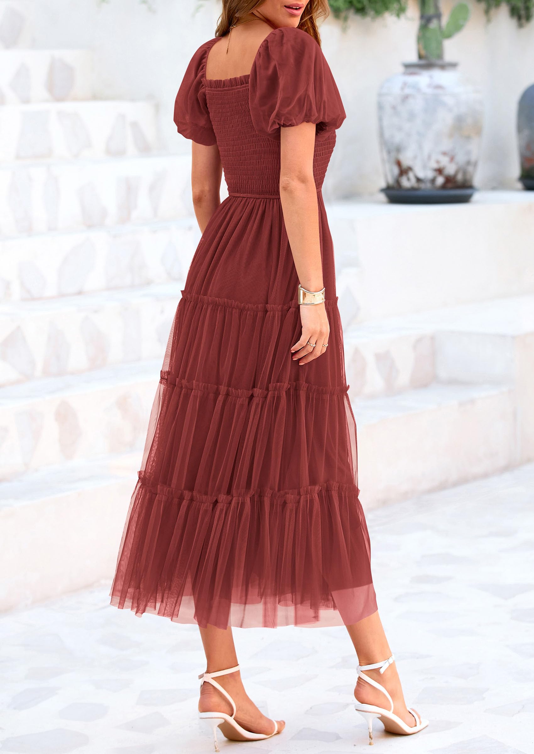 PRETTYGARDEN Women's Smocked Midi Tulle Dress  Summer Puffy Short Sleeve Square Neck Ruffle Wedding Guest Party Dresses