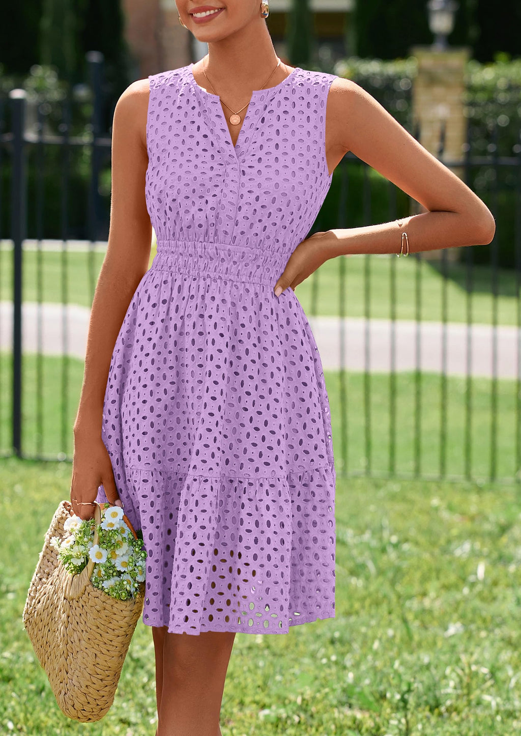 PRETTYGARDEN Women's Summer Dresses Sleeveless V Neck Eyelet Hollow Out Swing A Line Beach Vacation Sun Dress