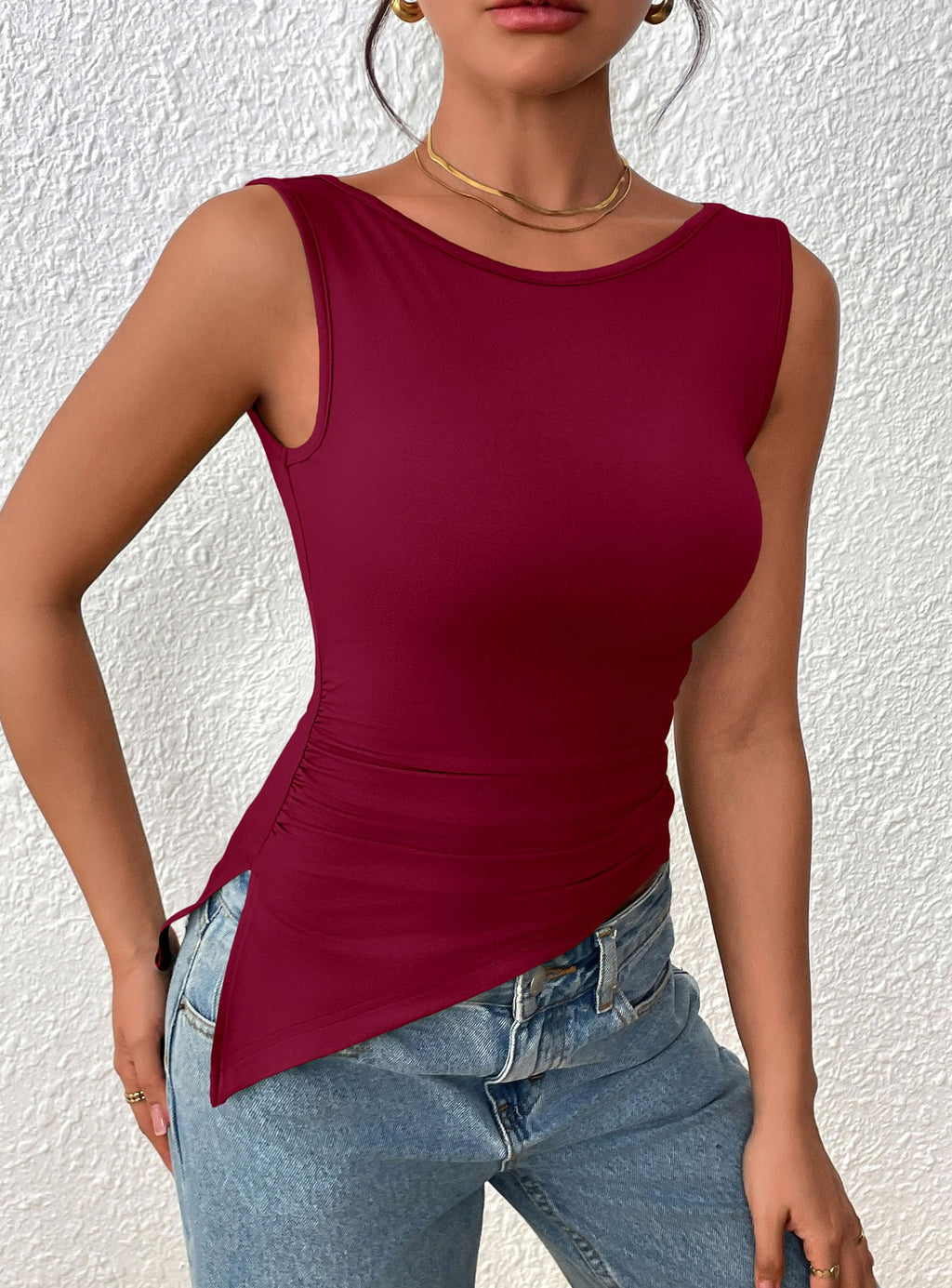PRETTYGARDEN Womens Ruched Tank Tops  Summer Sleeveless Slim Fit T Shirts Blouses Going Out Y2K Fashion Clothes