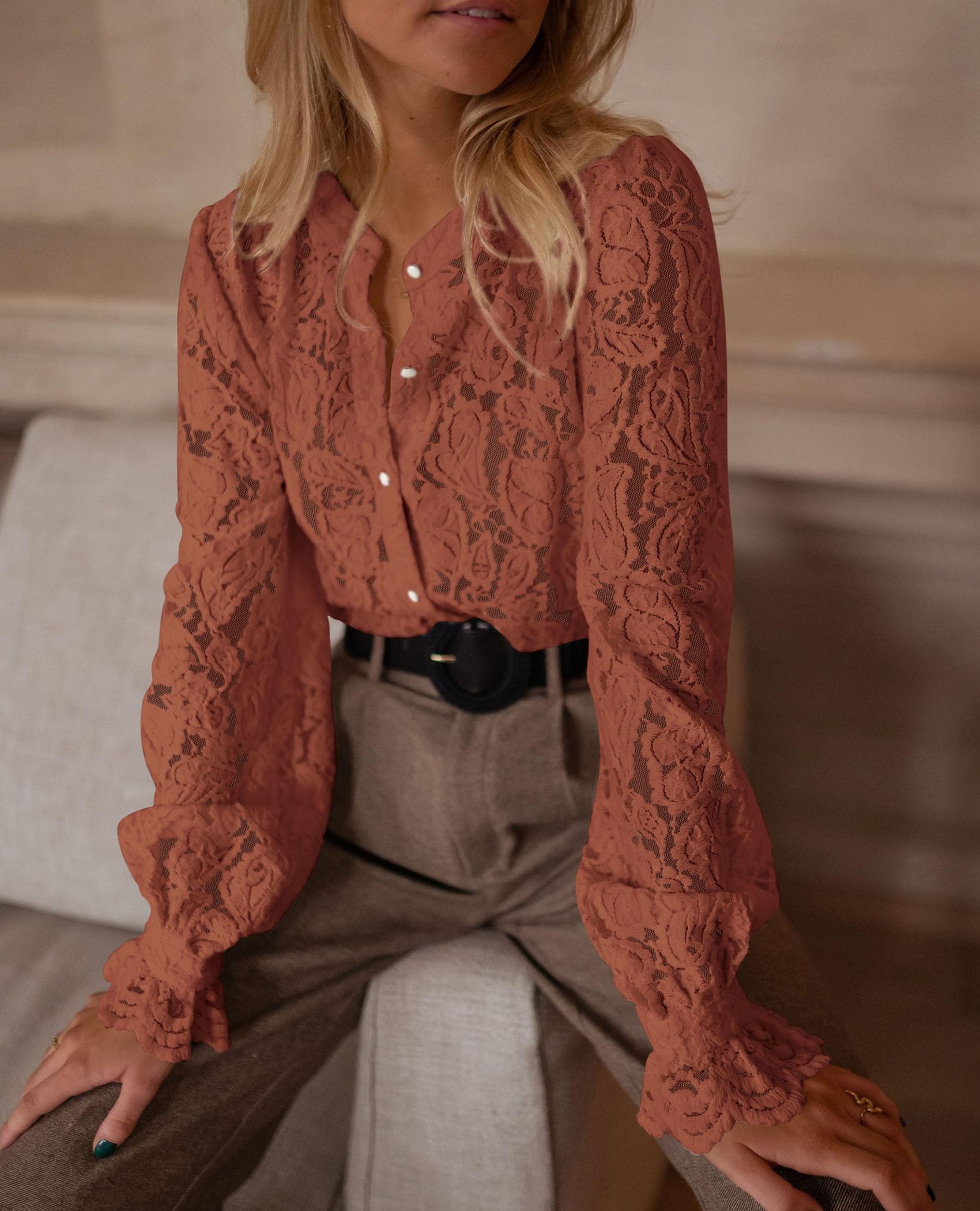 PRETTYGARDEN Women's Dressy Casual Lace Blouse Long Sleeve Button Up Shirts Tops Spring Fall Fashion Clothes