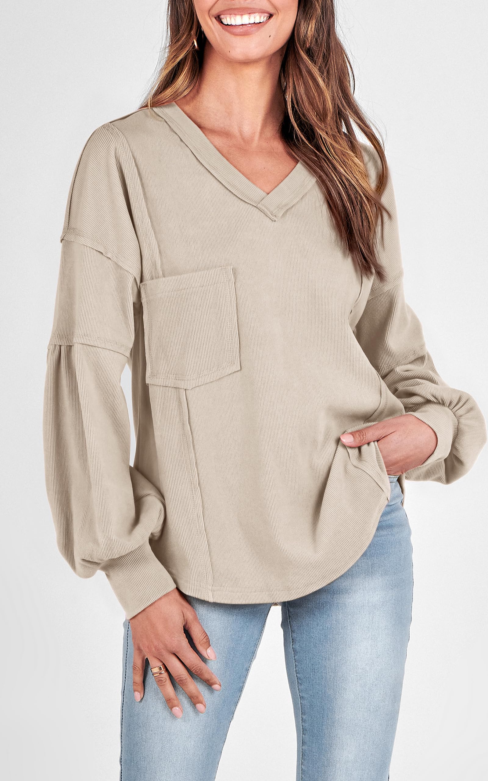 FreshPretty Womens Fall Fashion Long Sleeve Shirts Casual V Neck Ribbed Knit Blouses Pullover Trendy Loose Fit Tunic Tops