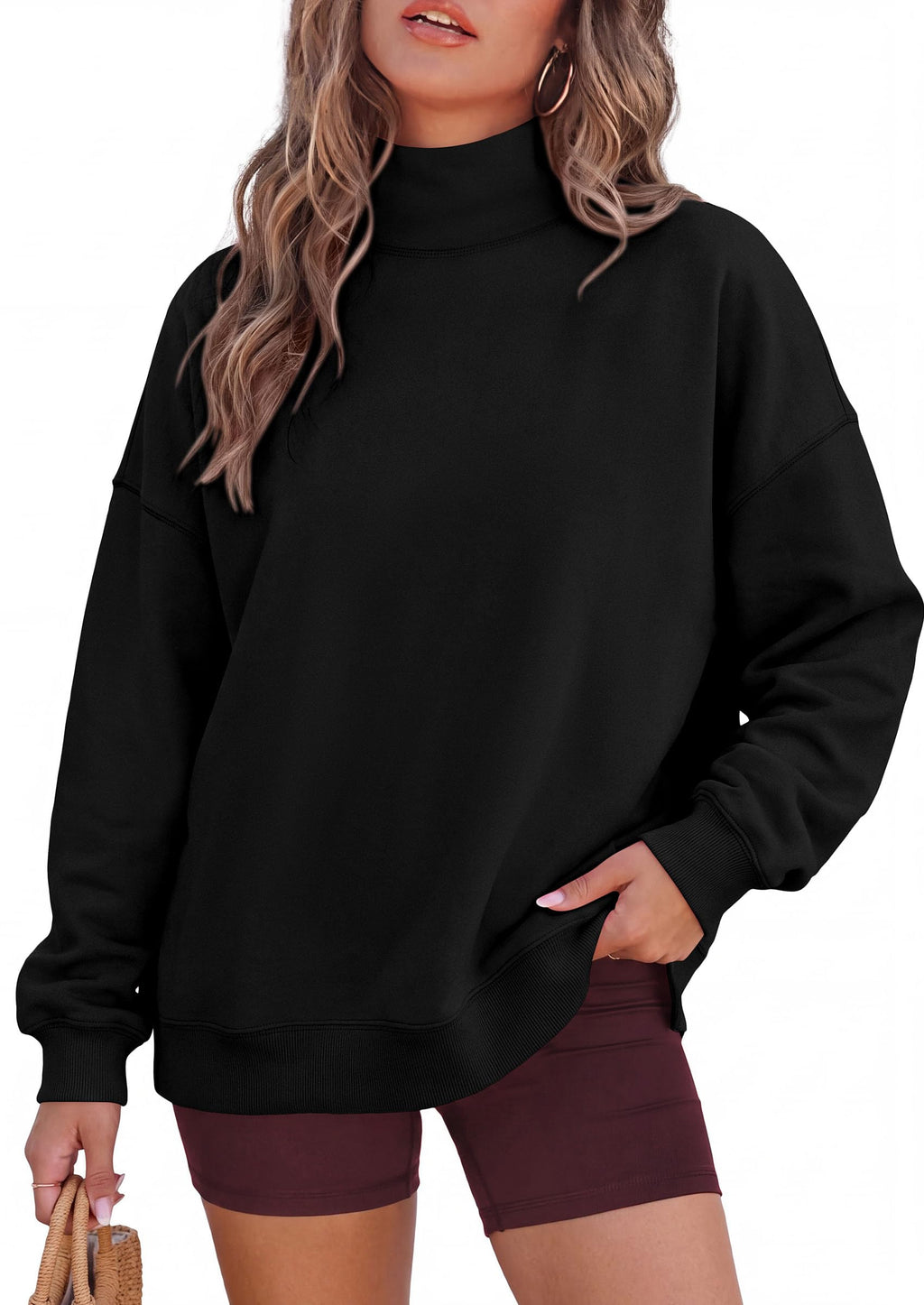 PRETTYGARDEN Womens Mock Neck Sweatshirt Oversized Pullover Loose Fit,Side Pockets,Long Sleeve Drop Shoulder Tops,Casual Lounge Work Travel Airport Outfits,Fall Fashion Winter Clothes