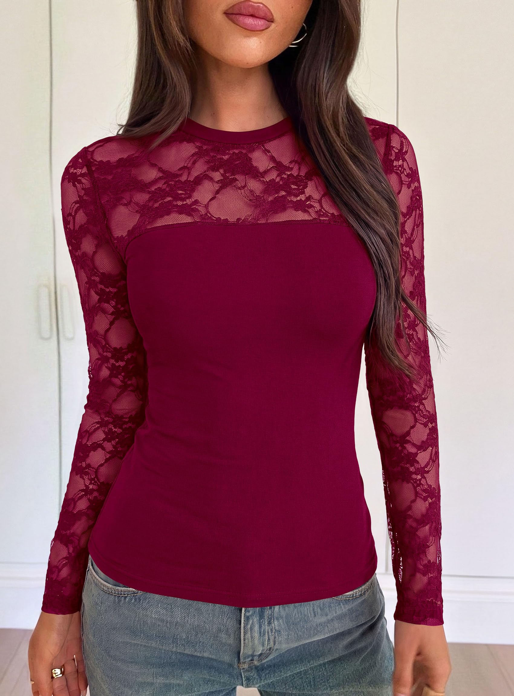 PRETTYGARDEN Womens Mesh Sheer Shirts Lace Long Sleeve Tops