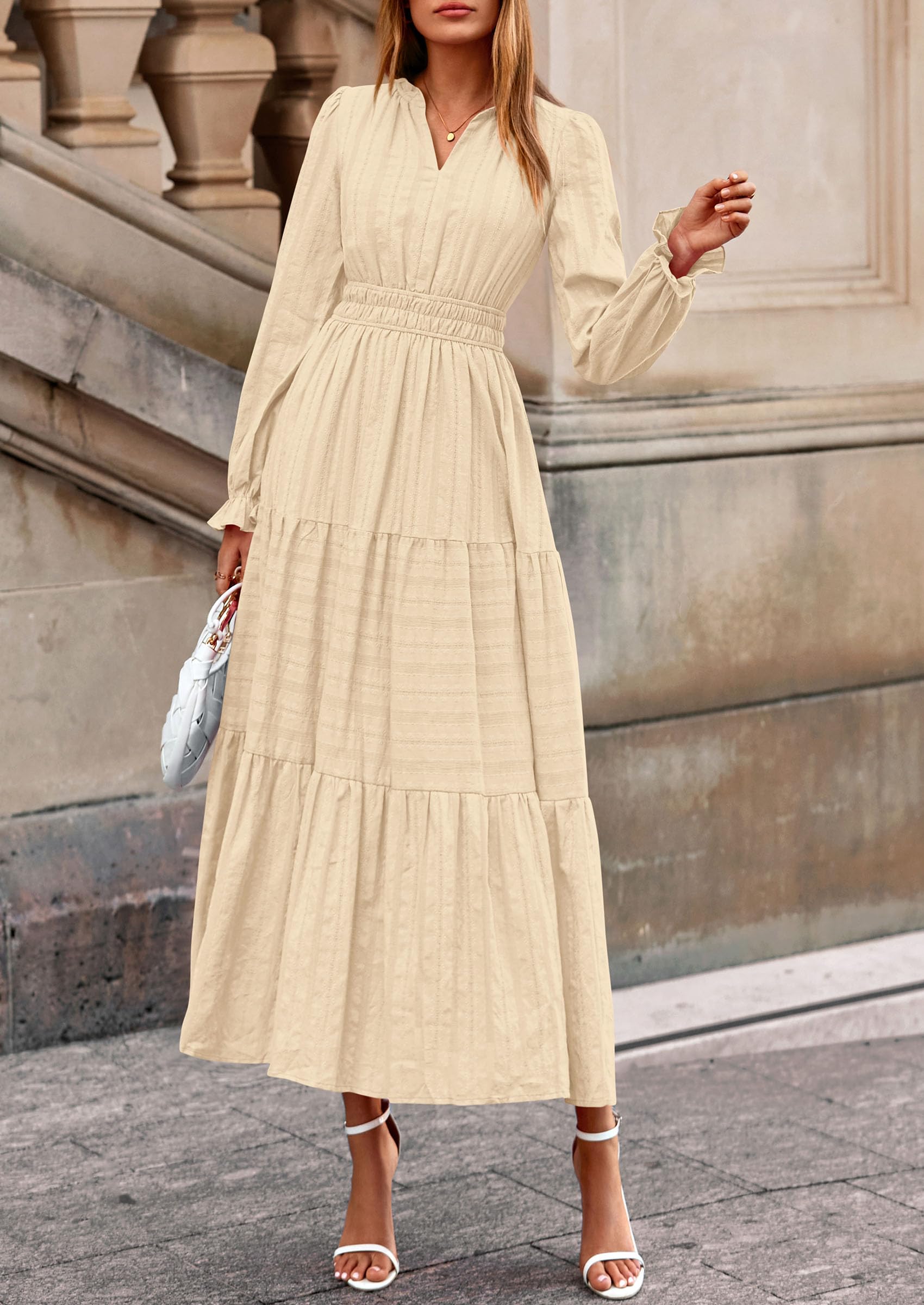 PRETTYGARDEN Women's Fall Wedding Guest Dresses Long Sleeve V Neck Flowy Elegant Holiday Party Maxi Dress with Pockets