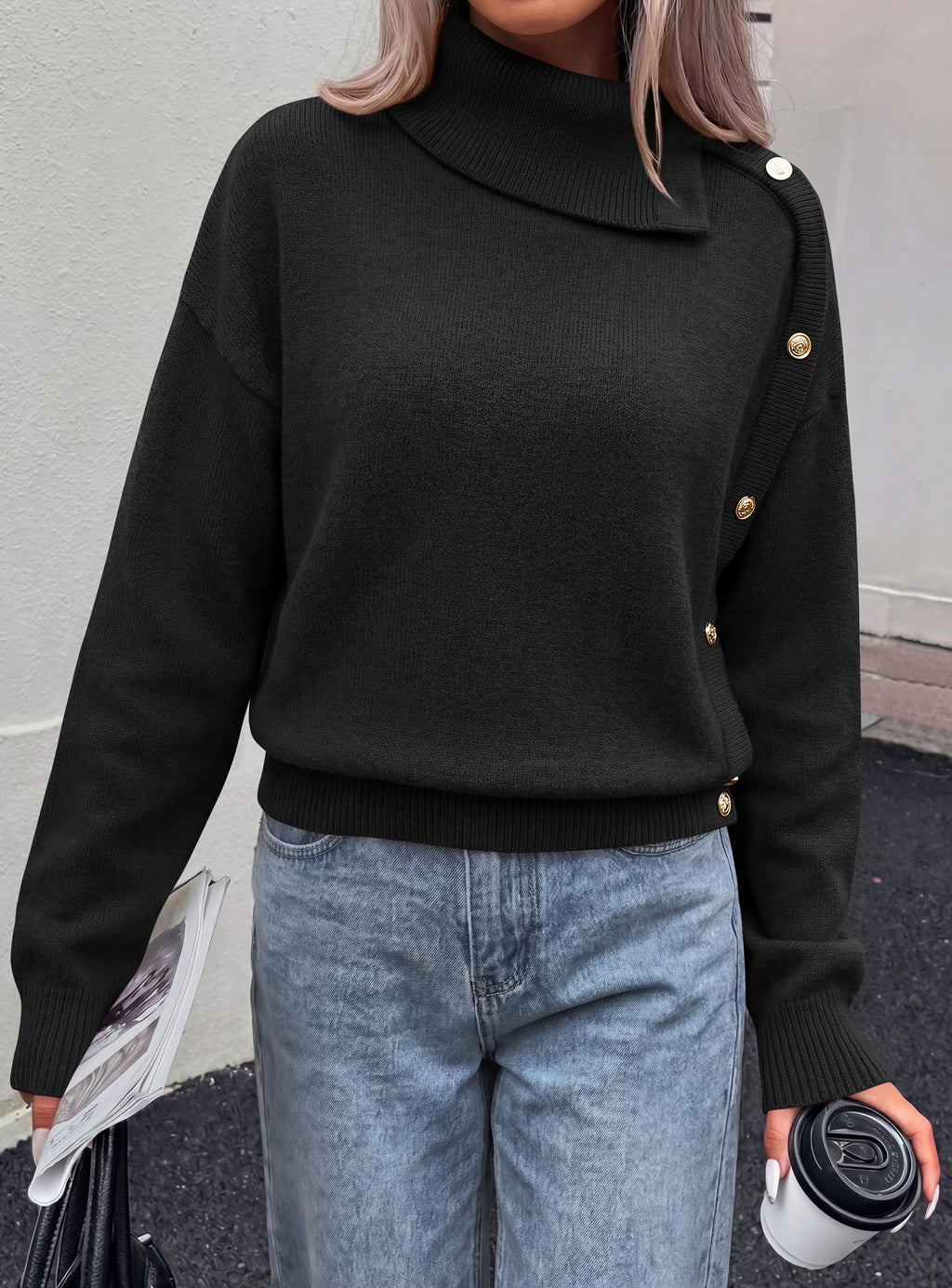 PRETTYGARDEN Womens Turtleneck Sweater Pullover Side Button Fall Clothes Stretchy Knit,Dropped Shoulder,Ribbed Cuffs,Asymmetrical,Jumper Long Sleeve Tops,Work Offices
