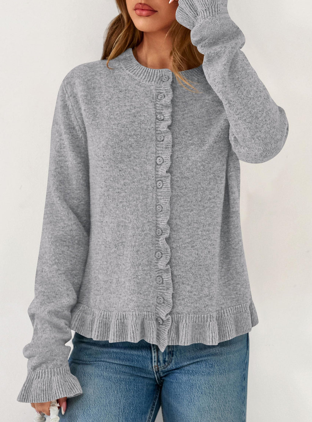 PRETTYGARDEN Womens Fall Button Down Cardigans Chunky Knit Ruffle Open Front Cropped Cardigan Sweaters Soft Long Sleeve Tops