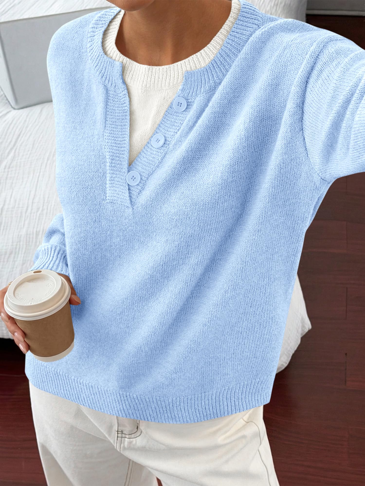 BTFBM Women Long Sleeve Crew Neck Sweaters Tops, 2 in1 Knitted Pullover, Deco Buttons, Oversized, Stretchy, Vacation, Business Casual Outfits, Fall Winter Trendy