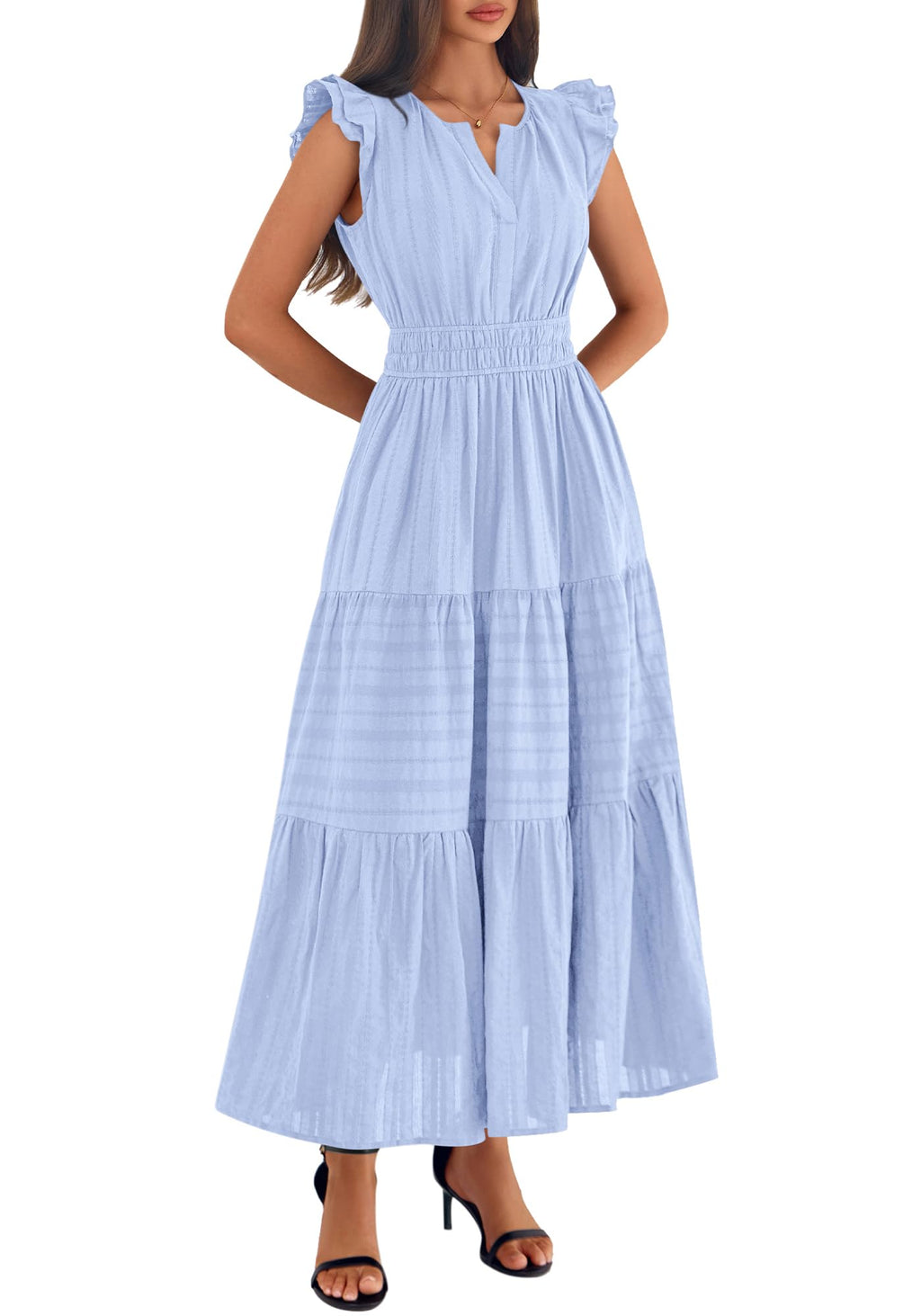 BTFBM Womens Summer Maxi Dress  Spring Boho Vacation Ruffle Flutter Short Sleeve A Line Tiered Flowy Dresses Pockets