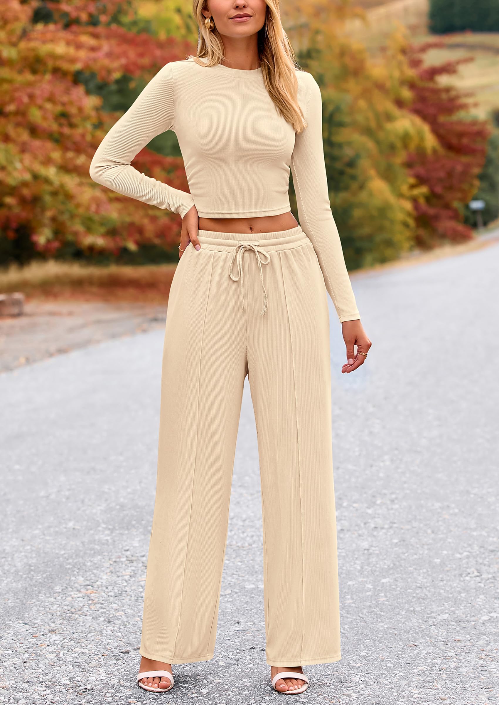 PRETTYGARDEN Women's 2 Piece Loungewear Long Sleeve Crop Top Wide Leg Palazzo Pants Set Tracksuits Casual Outfit
