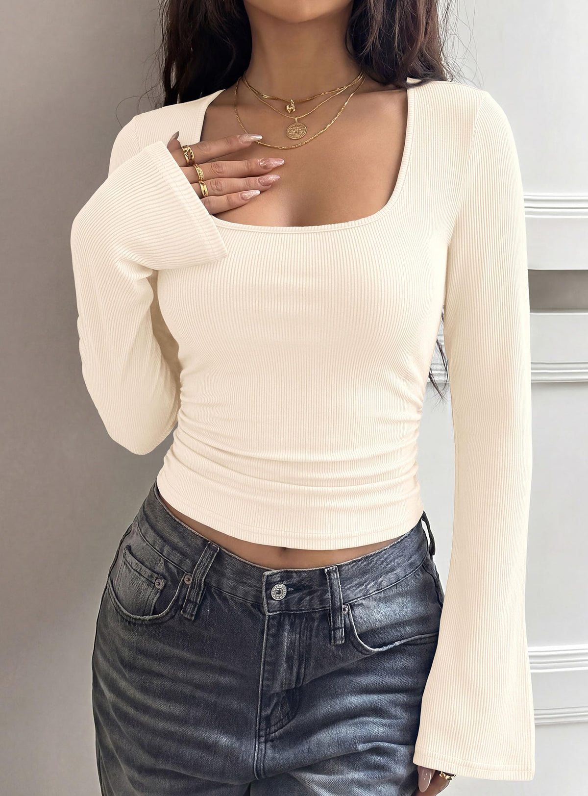 PRETTYGARDEN Womens Bell Long Sleeve Shirts Going Out Tops | Soft Stretchy Ribbed Knit, Square Neck, Slim Fit Y2K Clothes, Trendy Side Ruched, Layering Tee for Casual Fall & Winter Wear