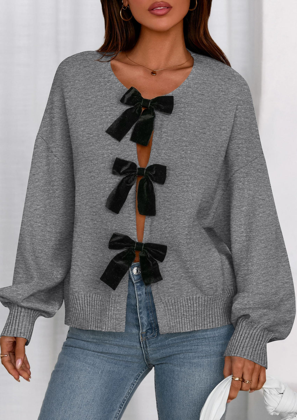 PRETTYGARDEN Cardigan Sweaters for Women Fall Fashion Bow Tie Front Long Sleeve Knit Sweater Tops Cute Winter Clothes