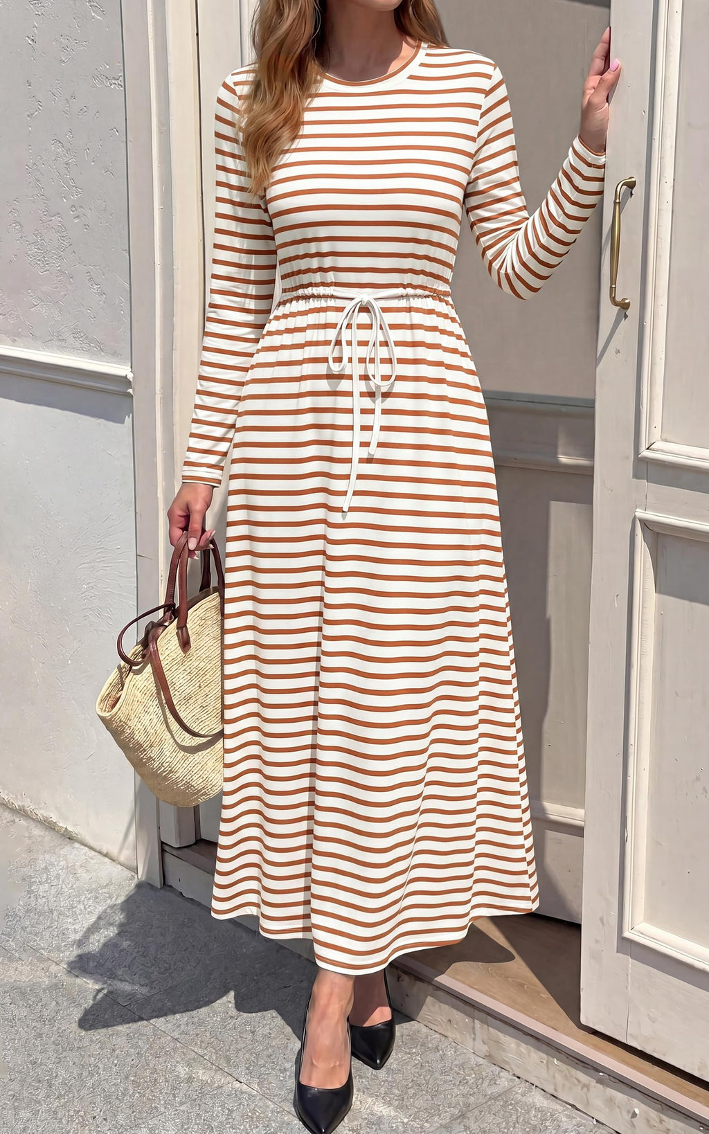 FreshPretty Long Sleeve Maxi Dresses for Women Fall Casual Loose Striped Dress|Cotton T Shirt Dress, Loose Fit Dress with Pocket, Business Casual Work Teacher, Fall Outfits