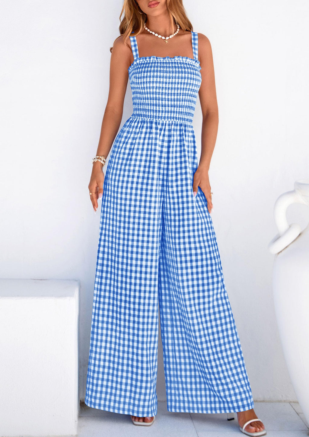 PRETTYGARDEN One Piece Jumpsuits for Women Casual Summer Cruise Outfits  Spring Fashion Smocked Wide Leg Gingham Rompers