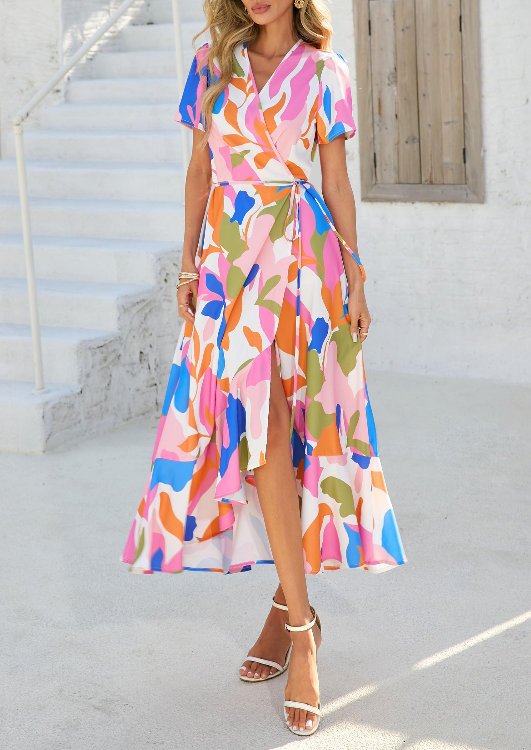 PRETTYGARDEN Women's Summer Maxi Dress Casual Wrap Floral Boho Short Sleeve V Neck Split Ruffle Beach Long Dresses