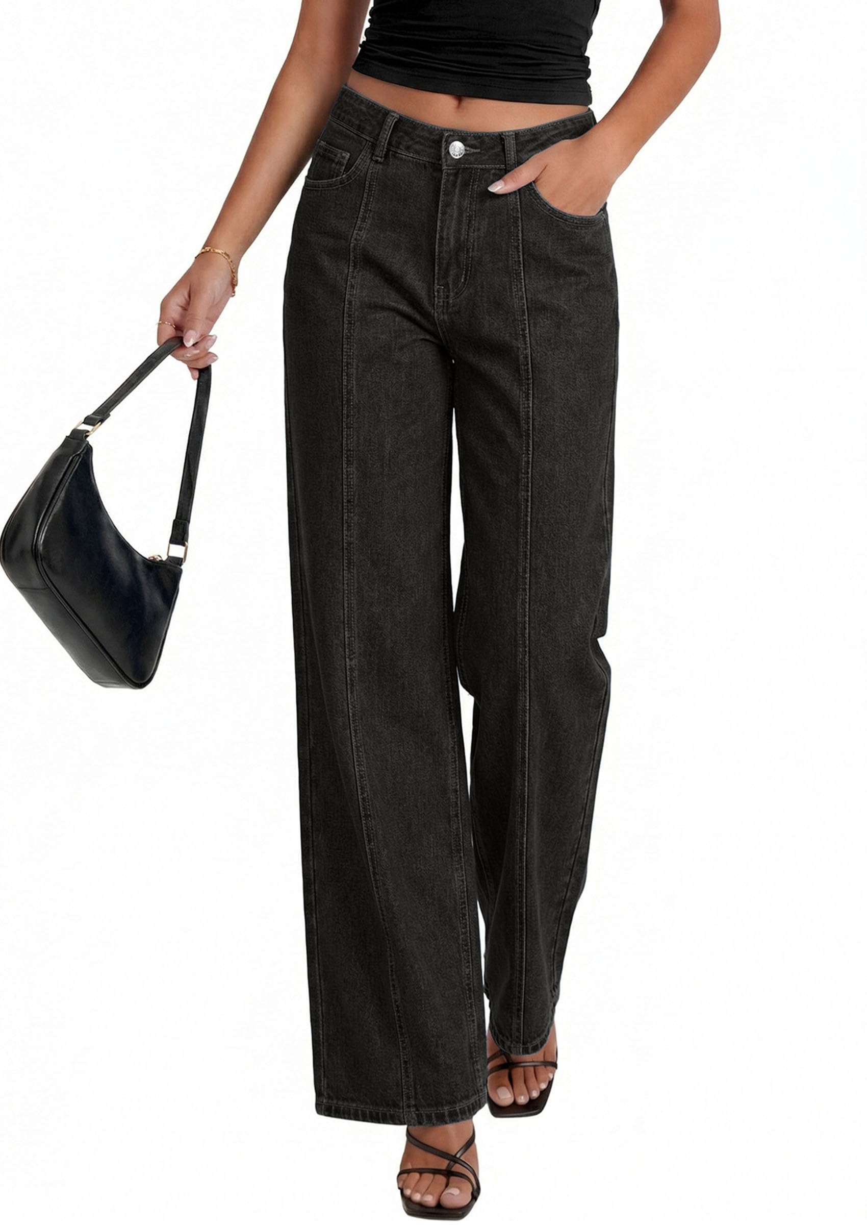 PRETTYGARDEN Women's Wide Leg Jeans High Waisted Stretchy Baggy Seamed Front Denim Palazzo Pants Summer Fashion Clothes