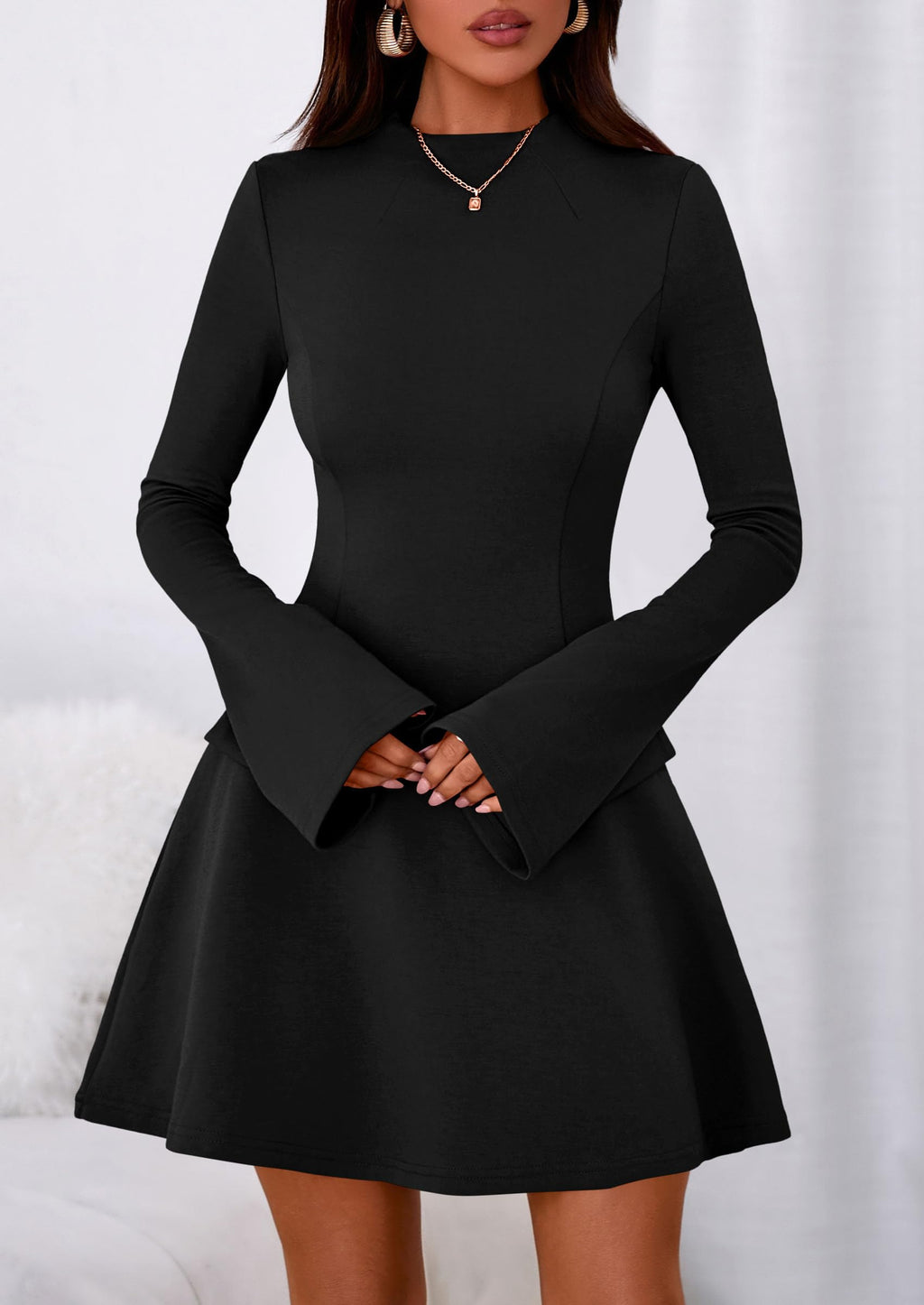 PRETTYGARDEN Women's Elegant Holiday Short Dress  Fall Bell Long Sleeve Mock Neck Work Business Casual Party Mini Dress