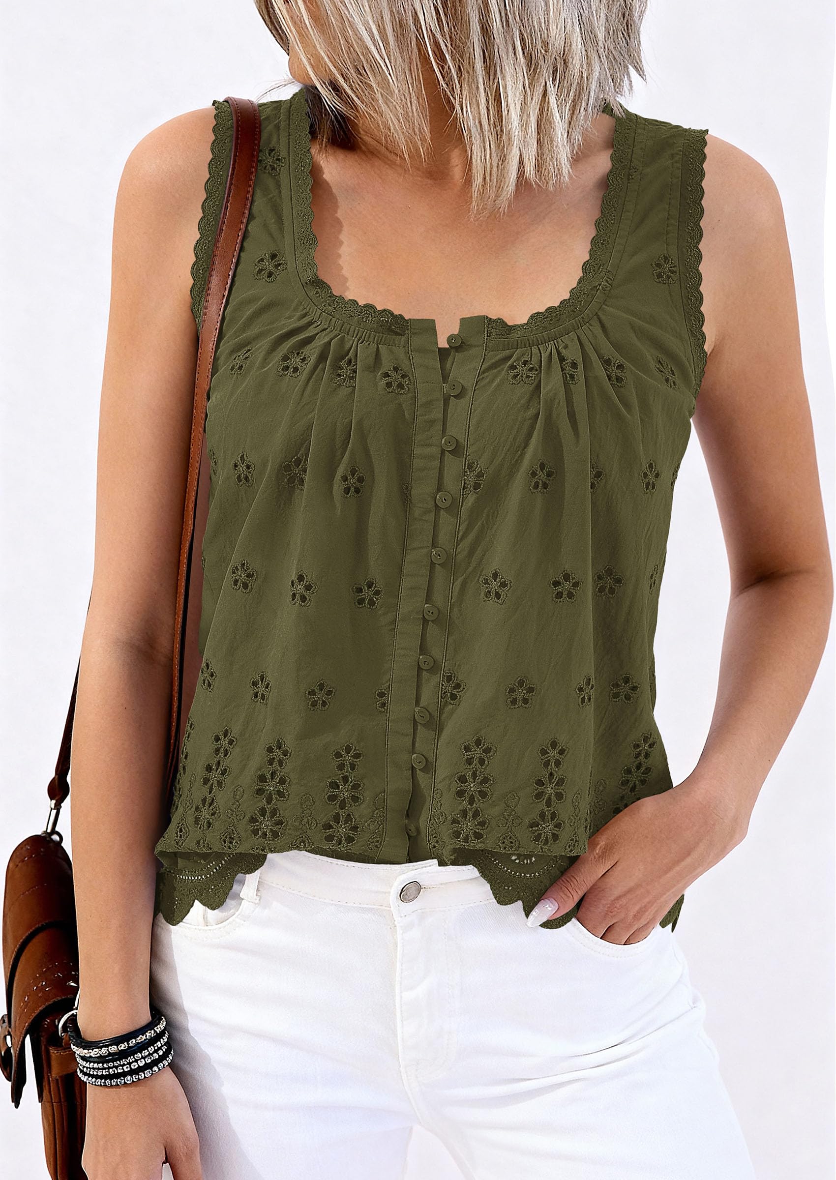 PRETTYGARDEN Womens Tank Tops 2026 Summer Button Down Shirts Embroidered Eyelet Dressy Casual Blouses Beach Vacation Clothes