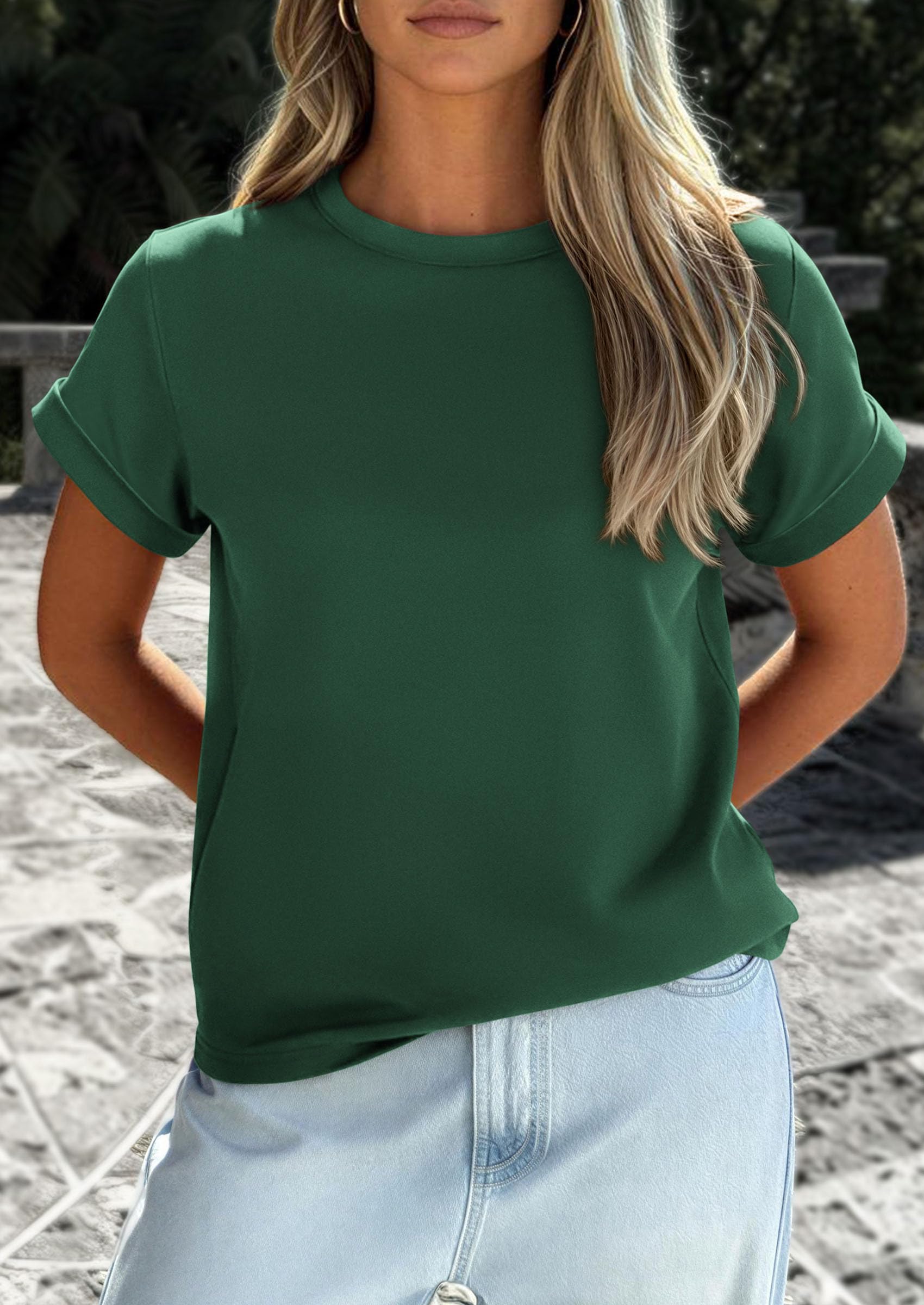 PRETTYGARDEN Womens Summer Tops Spring Casual Rolled Short Sleeve Basic Tees Crew Neck Work Shirts Fashion Clothing