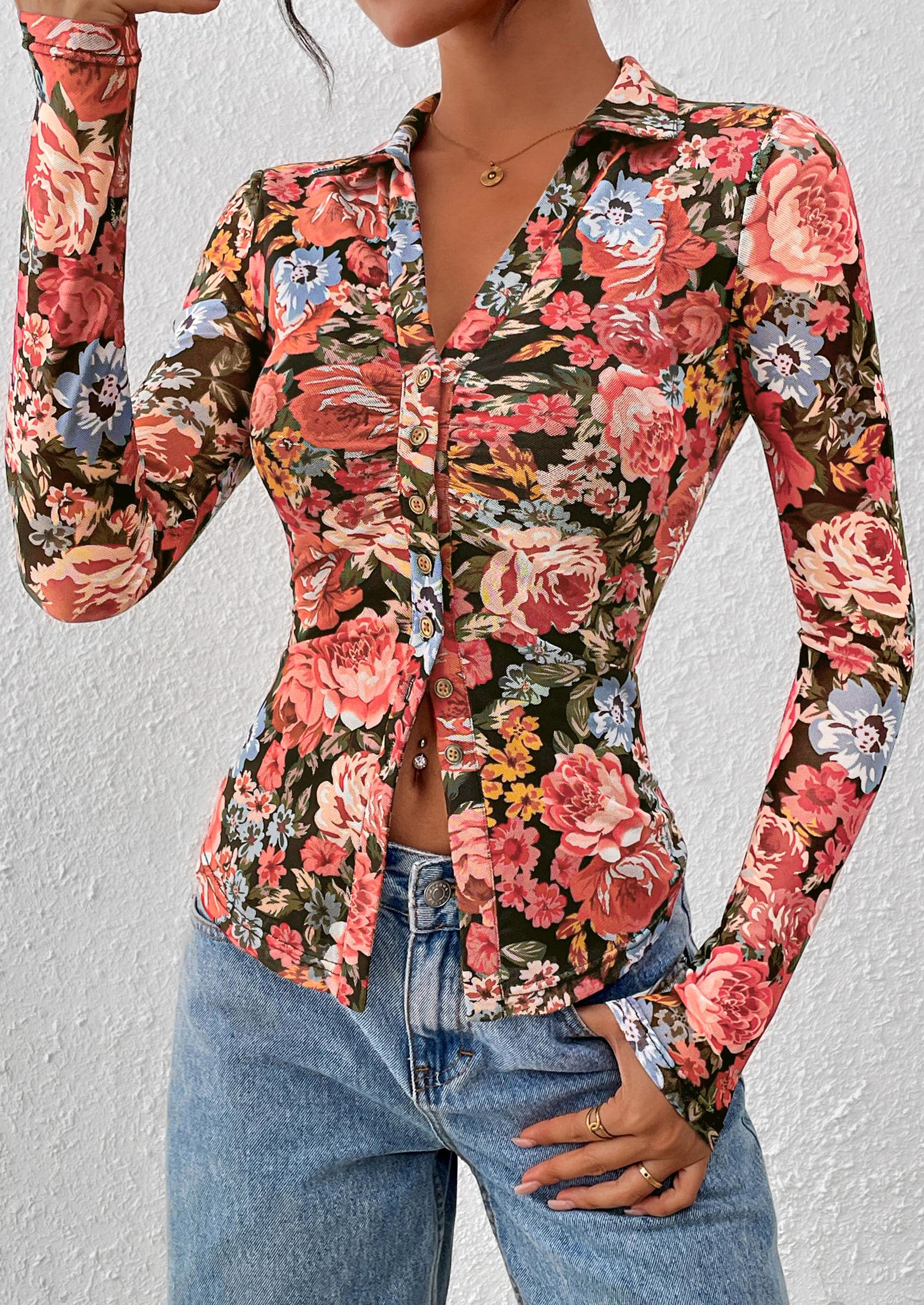 PRETTYGARDEN Women Button Down Floral Shirts Fall Trendy Long Sleeve V Neck Mesh Boho Blouse Spring Tops Date Outfits