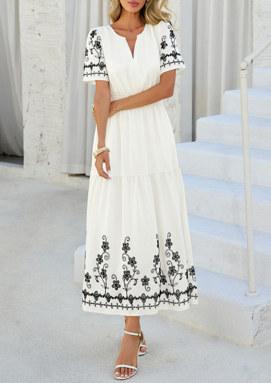 PRETTYGARDEN Women's Summer Boho Maxi Dress Spring Floral Short Sleeve V Neck A Line Flowy Beach Wedding Guest Dresses
