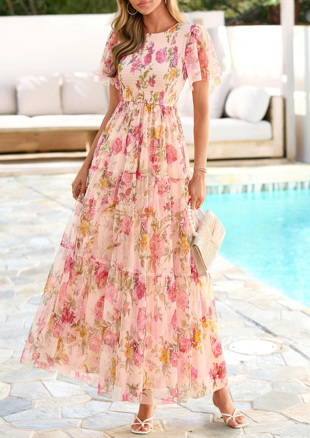 PRETTYGARDEN Tulle Floral Dress Women Summer Wedding Guest  Spring Short Sleeve Maxi Smocked Flowy Beach Party Dresses