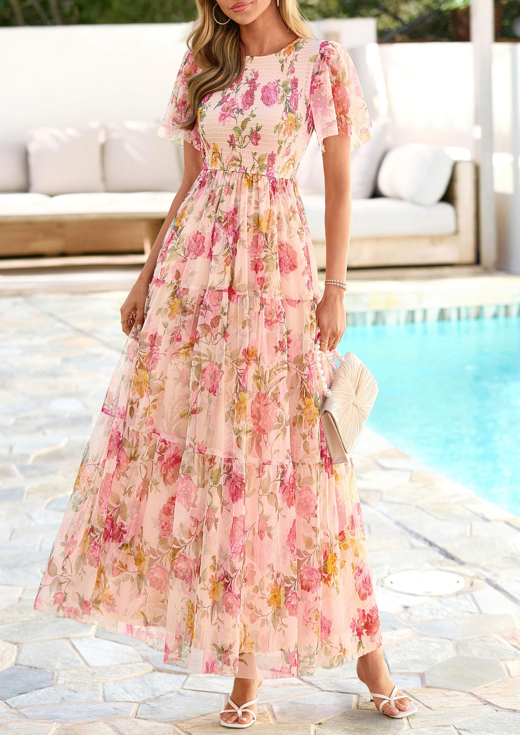 PRETTYGARDEN Tulle Floral Dress Women Summer Wedding Guest  Spring Short Sleeve Maxi Smocked Flowy Beach Party Dresses