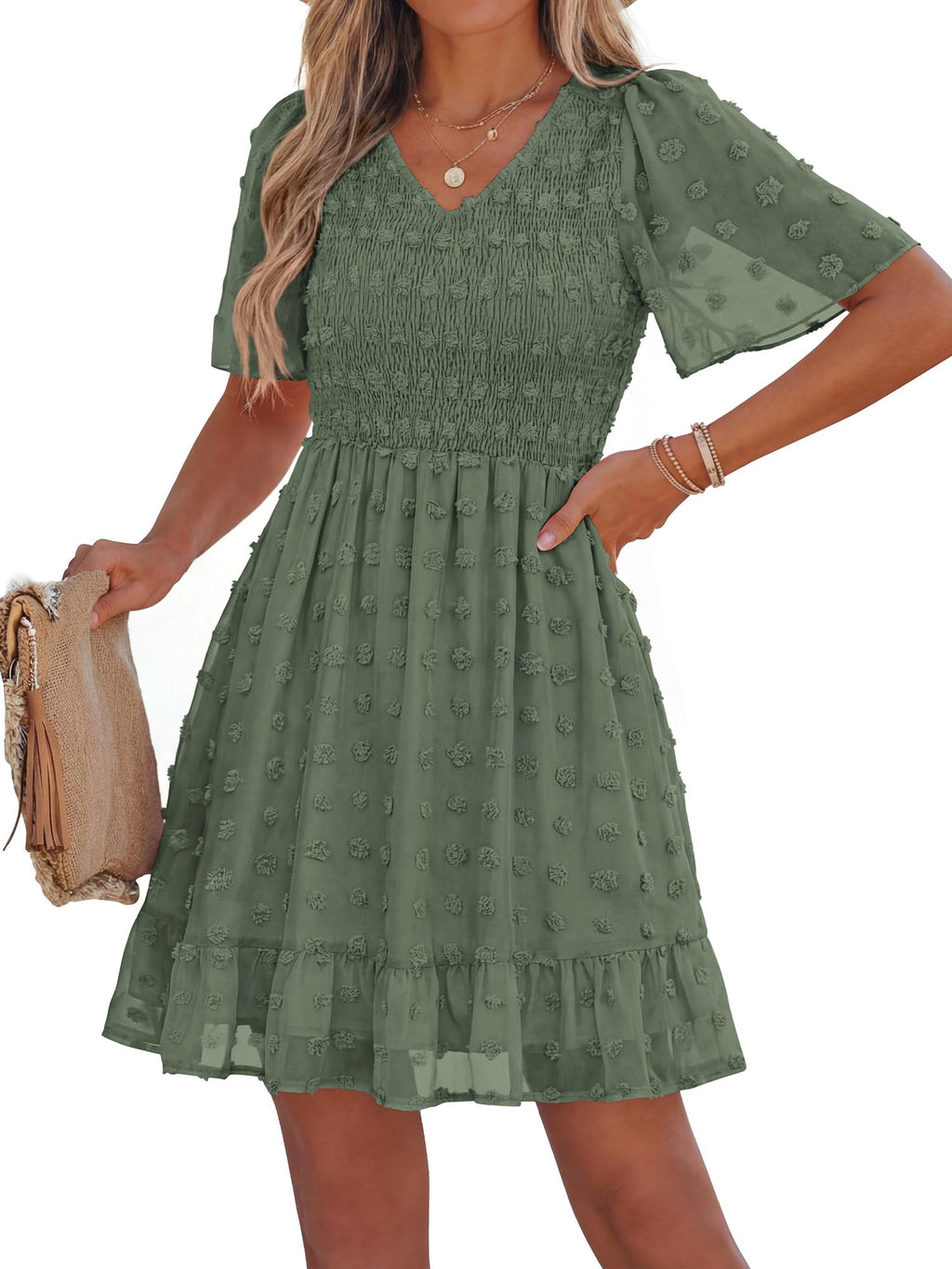 FreshPretty Womens Beach Vacation Dress Summer V Neck Short Sleeve Smocked Swiss Dot Ruffle Casual Mini Spring Dresses
