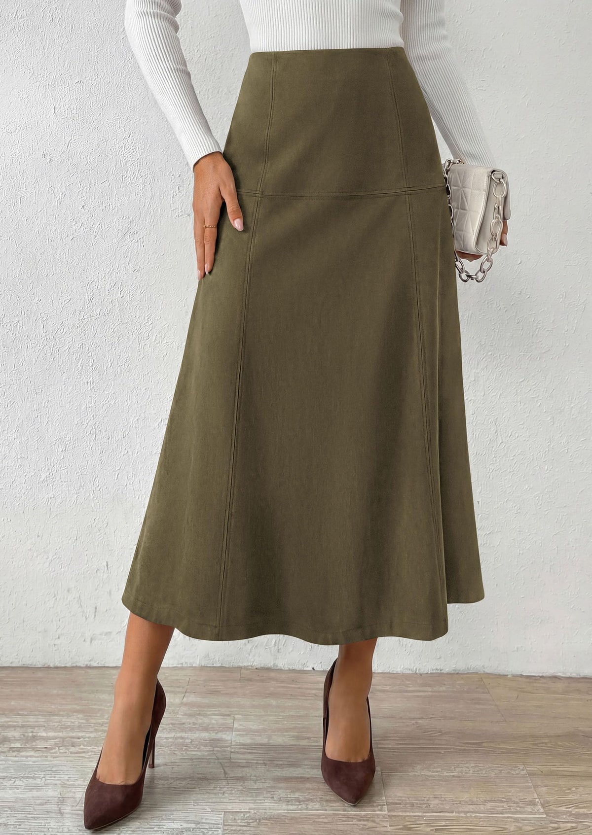 PRETTYGARDEN Womens High Waist Faux Suede A Line Midi Skirt | Hidden Stretch Elastic Waist, Front Back Panel Stitching, Vintage Elegant Mid-Calf Long Skirts for Fall Winter Office Daily
