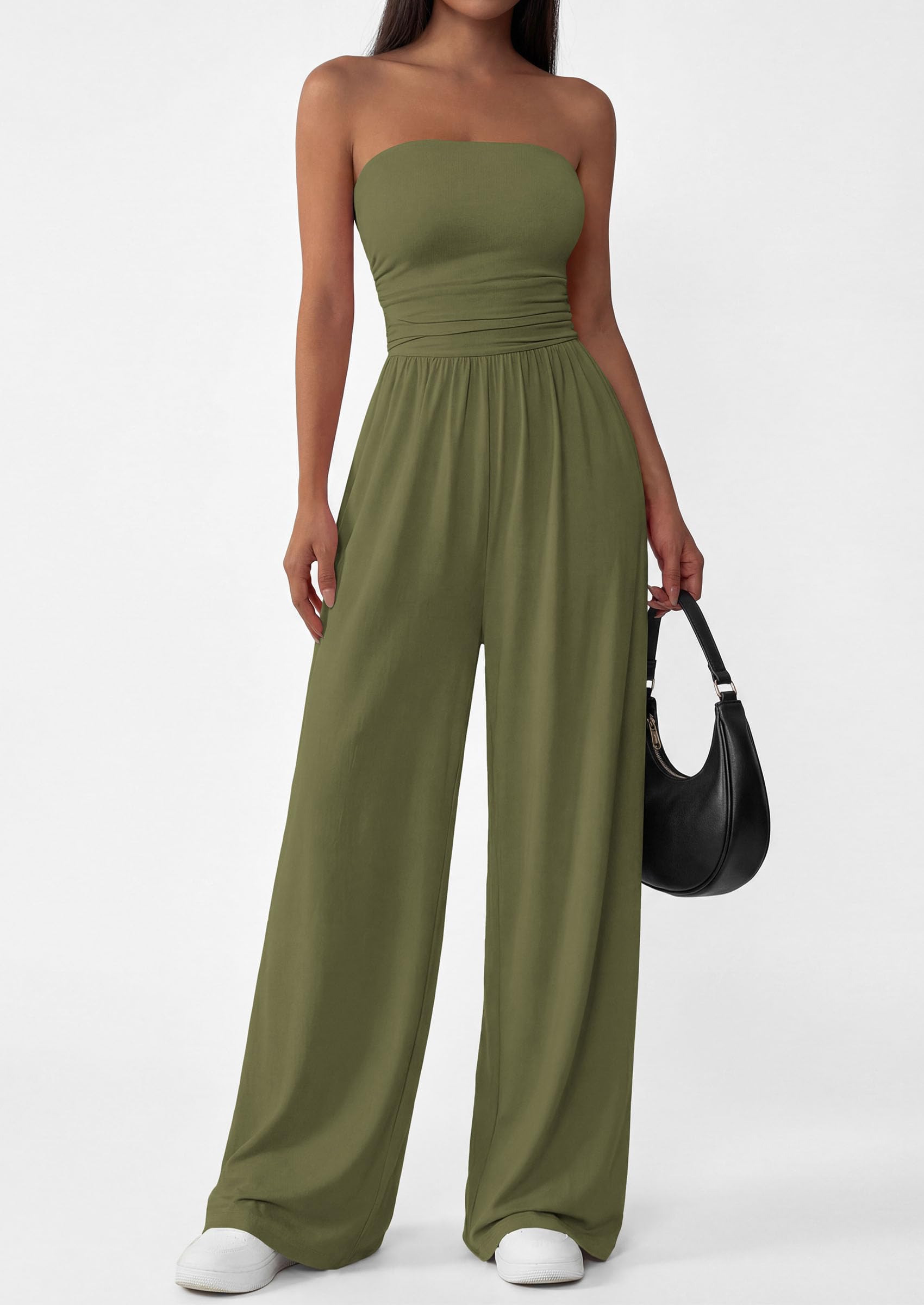 PRETTYGARDEN Womens Trendy Strapless Rompers Ruched Tube Top Wide Leg One Piece Jumpsuits Beach Vacation Summer Outfits