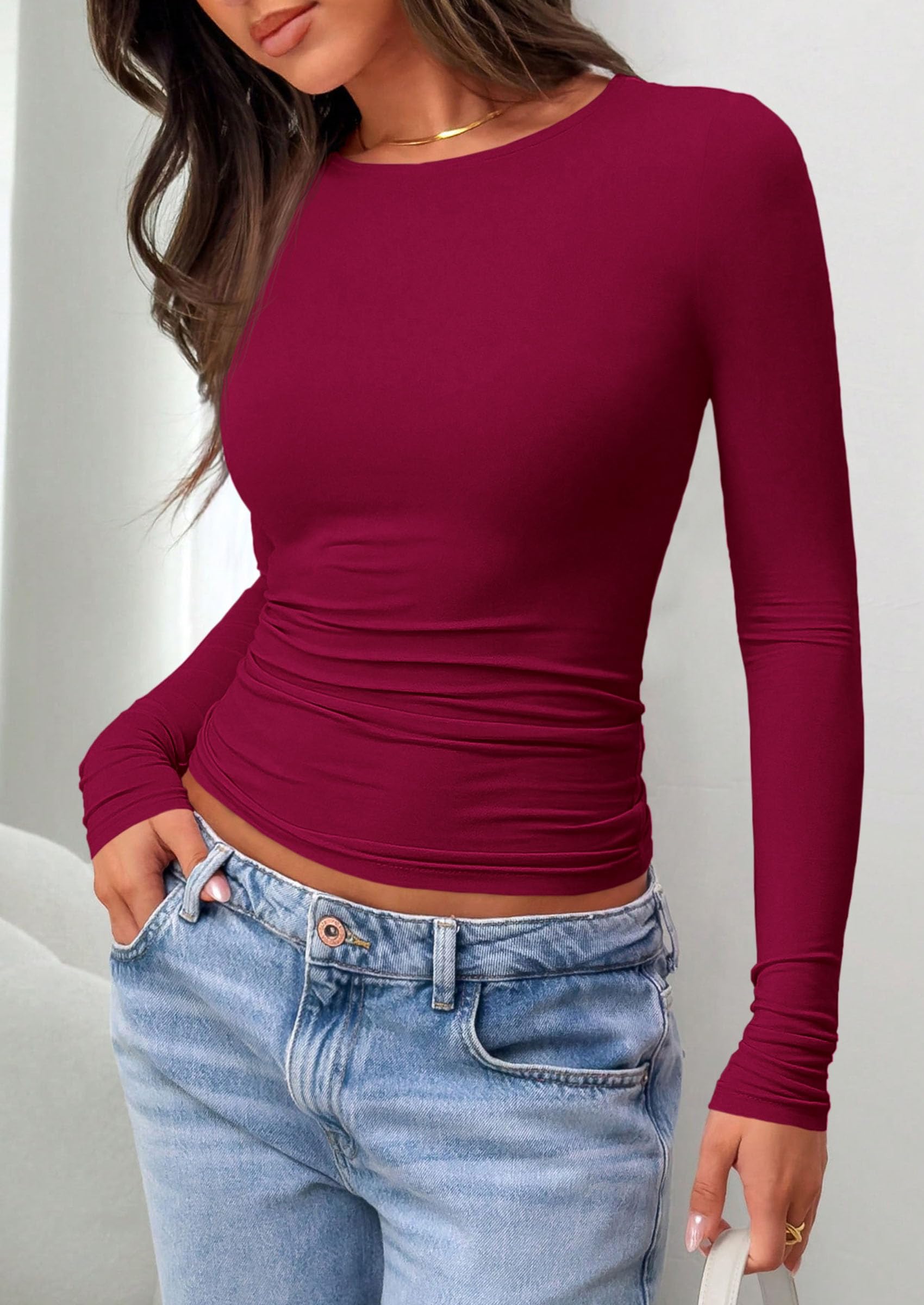 PRETTYGARDEN Long Sleeve Shirts for Women  Fall Casual Crewneck Tight Slim Fit Layering Basic T Shirt Going Out Tops