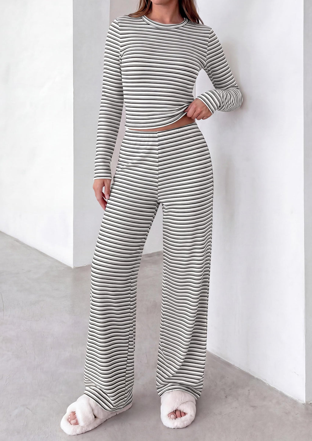 PRETTYGARDEN Women 2 Piece Striped Lounge Sets Soft Cozy Knit, Matching Airport Travel Outfits, Long Sleeve Shirts, Wide Leg Pants Pockets, Fall Winter Comfy Casual Clothes