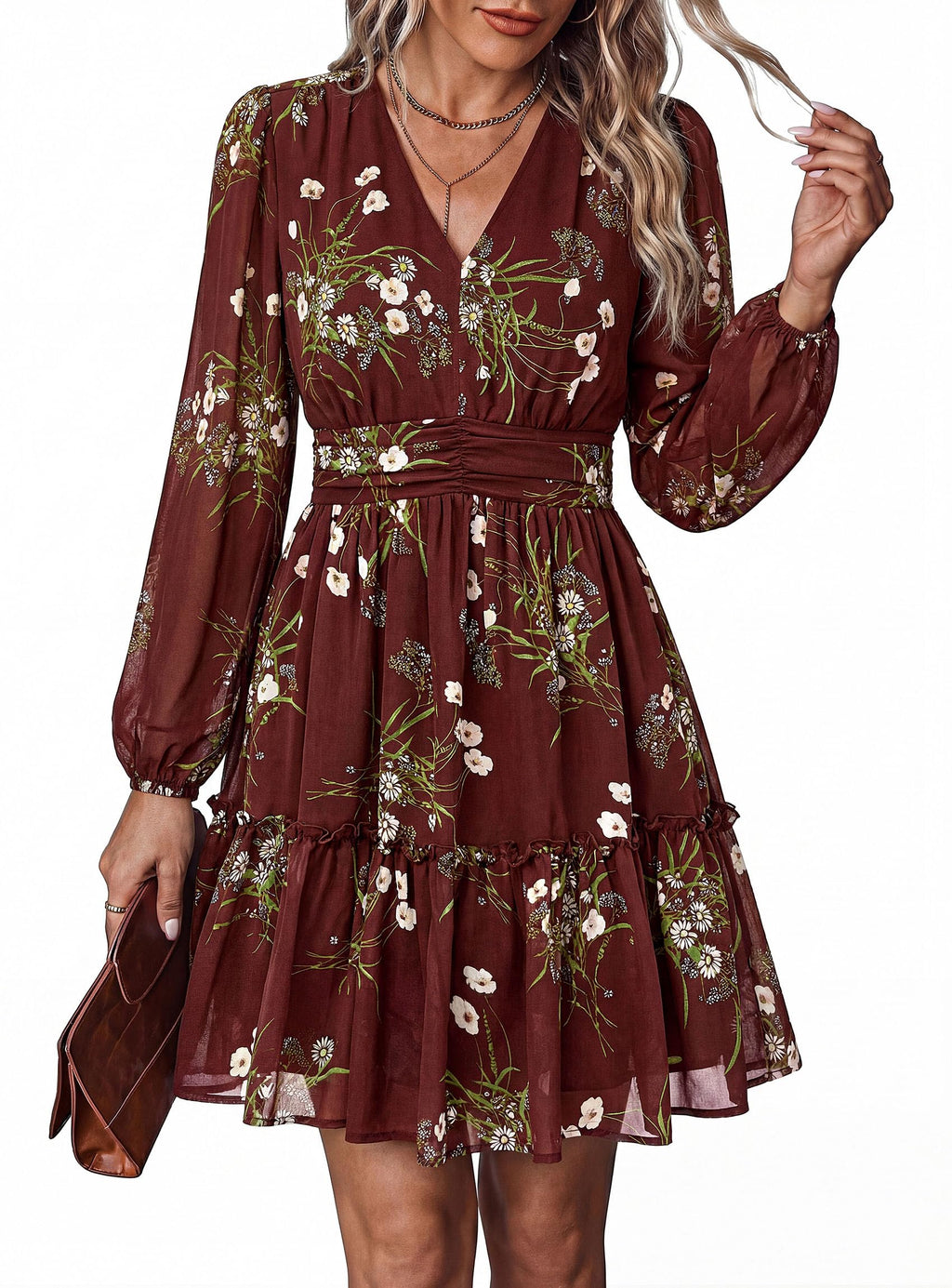 PRETTYGARDEN Women Floral Long Sleeve Mini Dress | Fall Wedding Guest Dresses, V Neck, Fit & Flare, Ruffle Hem A-Line, Short Chiffon Dress, Elegant Holiday Party, Date Outfits