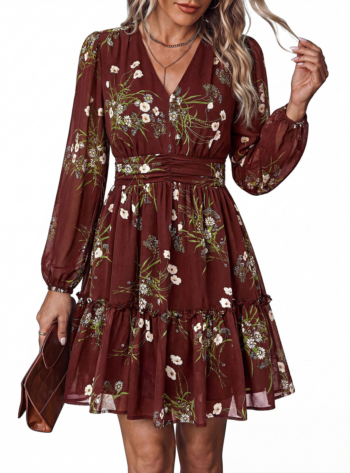 PRETTYGARDEN Women Floral Long Sleeve Mini Dress | Fall Wedding Guest Dresses, V Neck, Fit & Flare, Ruffle Hem A-Line, Short Chiffon Dress, Elegant Holiday Party, Date Outfits