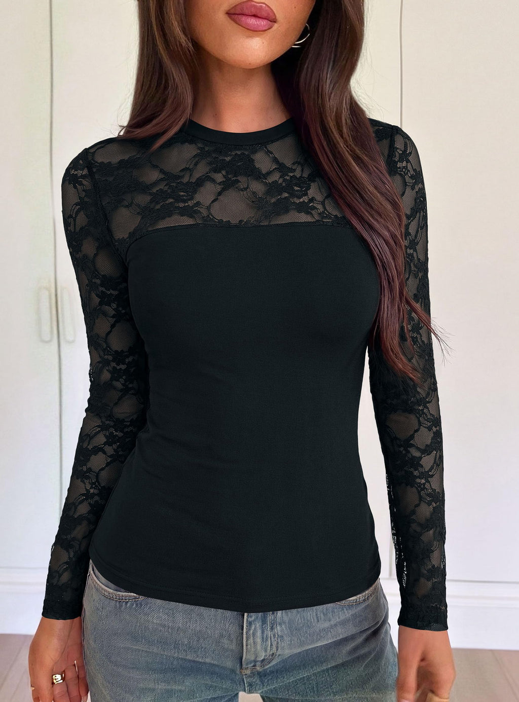 PRETTYGARDEN Womens Mesh Sheer Shirts Lace Long Sleeve Tops