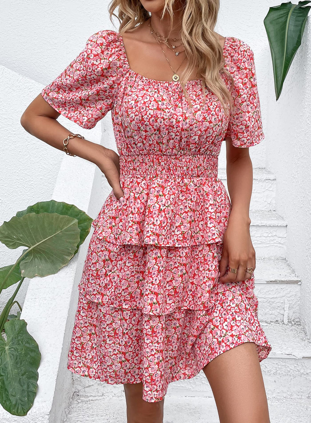 PRETTYGARDEN Women's  Floral Summer Short Dress Square Neck Short Sleeve Tiered Ruffle Boho Swing Dresses