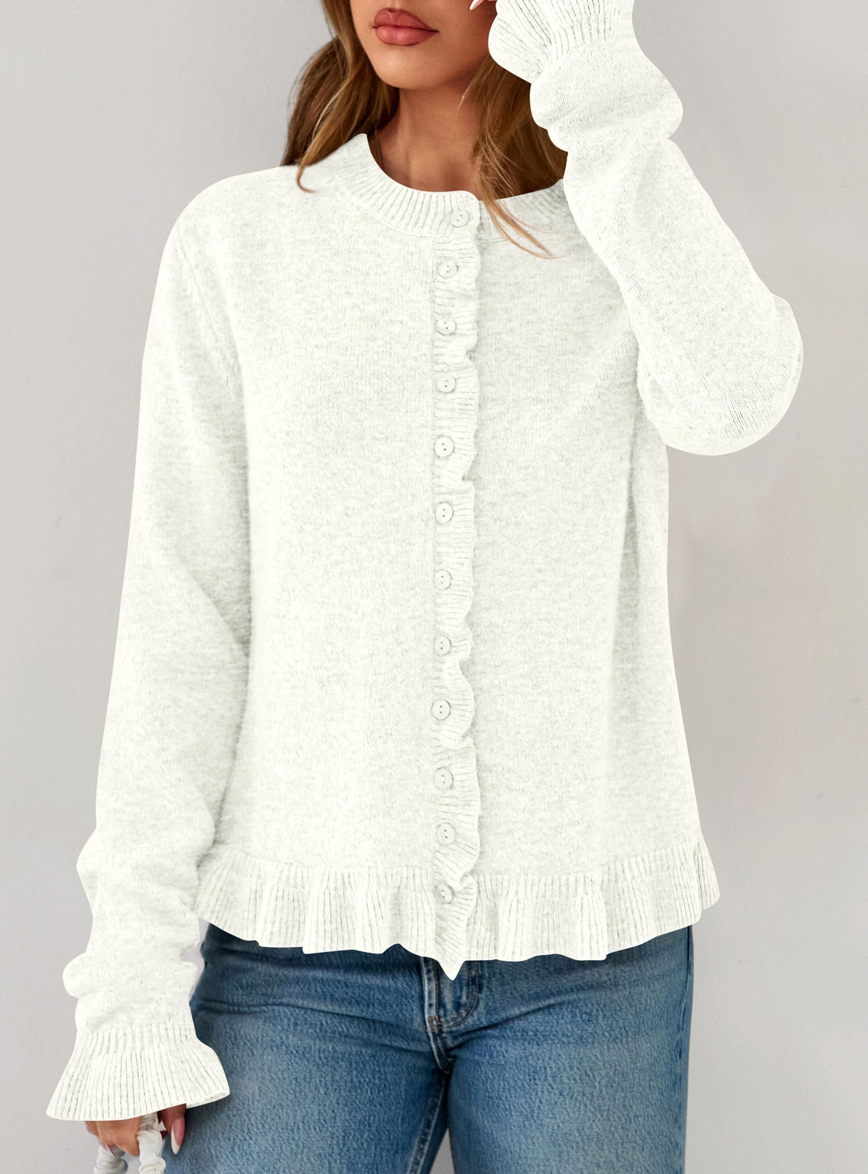 PRETTYGARDEN Womens Fall Button Down Cardigans Chunky Knit Ruffle Open Front Cropped Cardigan Sweaters Soft Long Sleeve Tops