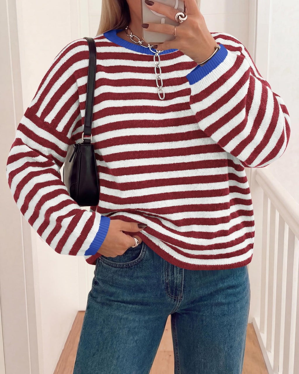 BTFBM Women's Lightweight Oversized Striped Sweater | Soft Knit Cozy Sweaters, Crew Neck Long Sleeve Pullover, y2k Color Block, Casual Holiday Outfits, Winter Fall Clothes