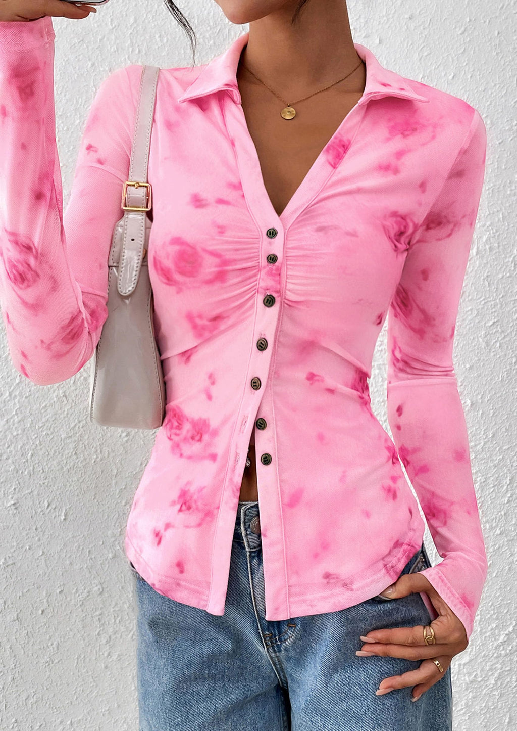 PRETTYGARDEN Women Button Down Floral Shirts Fall Trendy Long Sleeve V Neck Mesh Boho Blouse Spring Tops Date Outfits