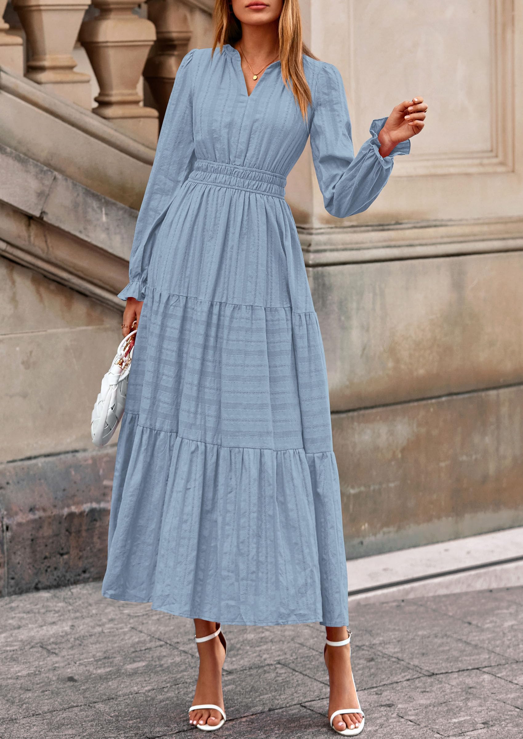 PRETTYGARDEN Women's Fall Wedding Guest Dresses Long Sleeve V Neck Flowy Elegant Holiday Party Maxi Dress with Pockets