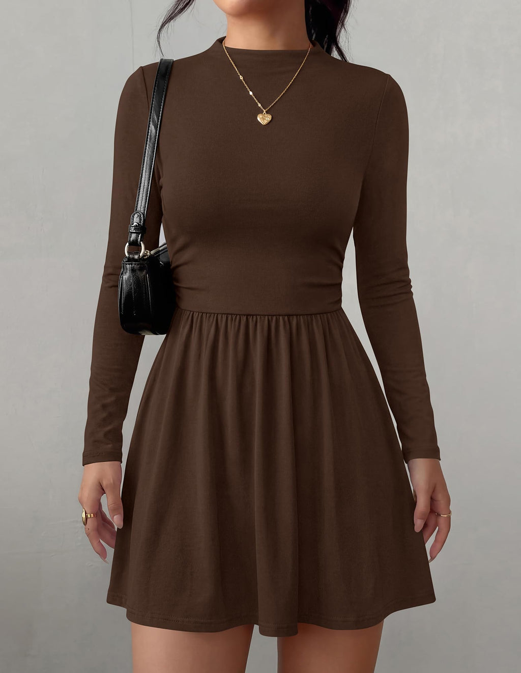 BTFBM Long Sleeve Dresses for Women Mock Neck A Line Flowy Mini Dress Swing Pleated Hem,Cocktail Party Club Holiday Going Out Outfits,Dressy Casual Winter,Trendy Early Fall Fashion Clothing
