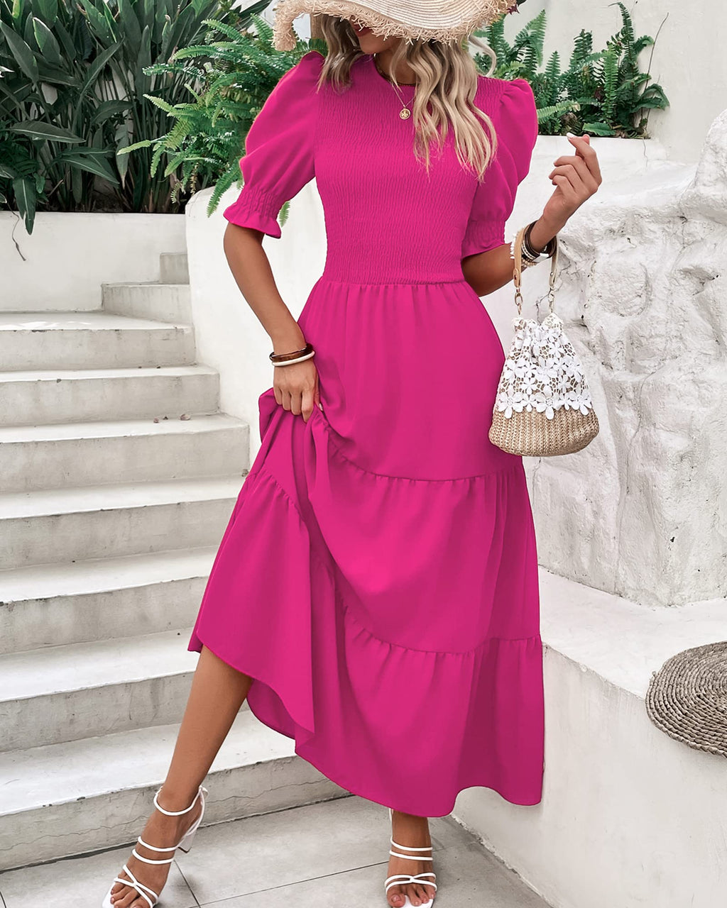 FreshPretty Women Casual Summer Dresses Spring Crew Neck Ruffle Short Sleeve Floral Print Smocked Boho Flowy Maxi Dress