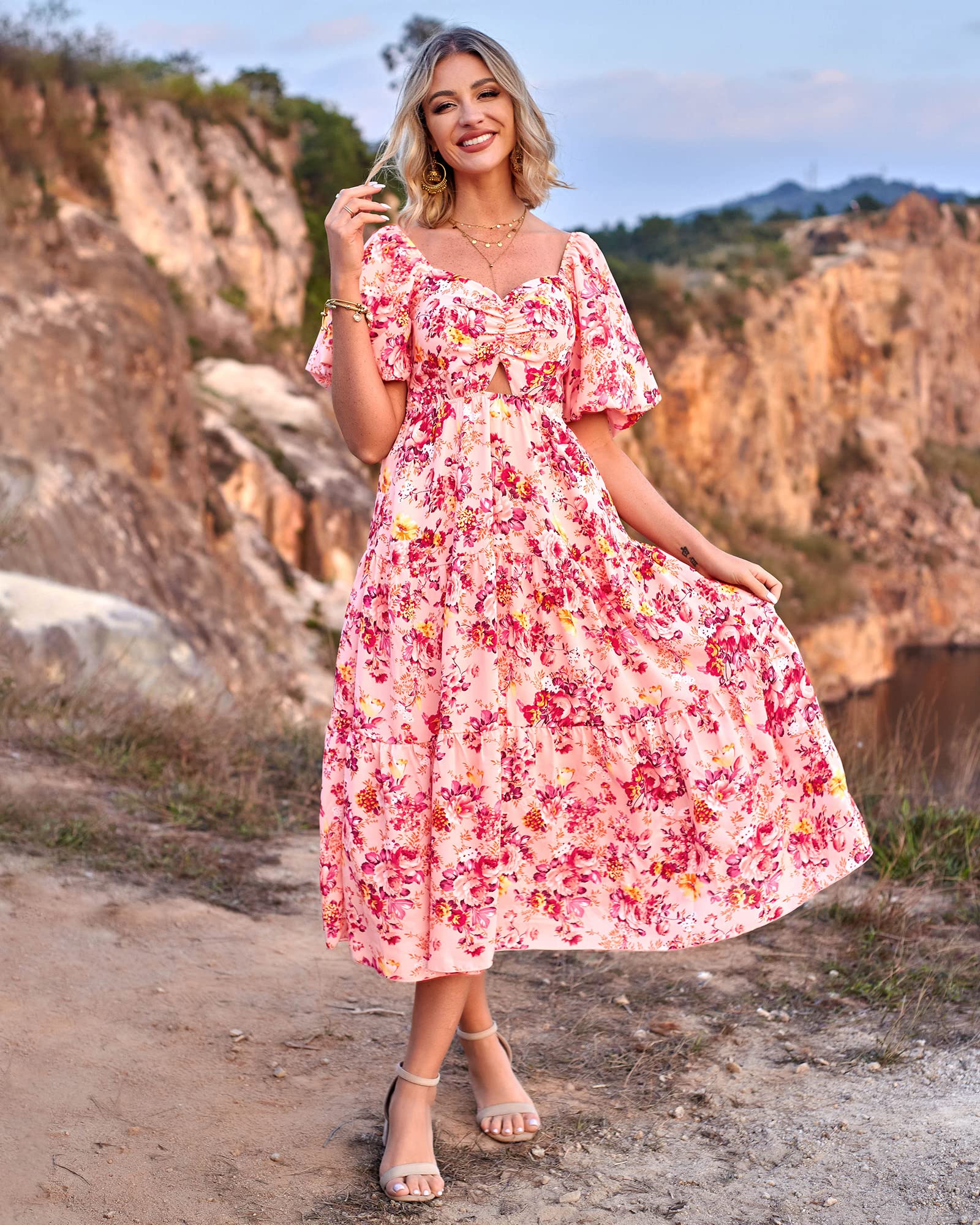 FreshPretty Women Summer Dresses Casual Flowy Beach Square Neck Puff Short Sleeve Smocked Back Boho Floral Long Maxi Dress