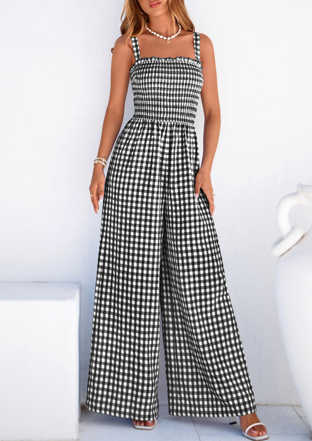PRETTYGARDEN One Piece Jumpsuits for Women Casual Summer Cruise Outfits  Spring Fashion Smocked Wide Leg Gingham Rompers
